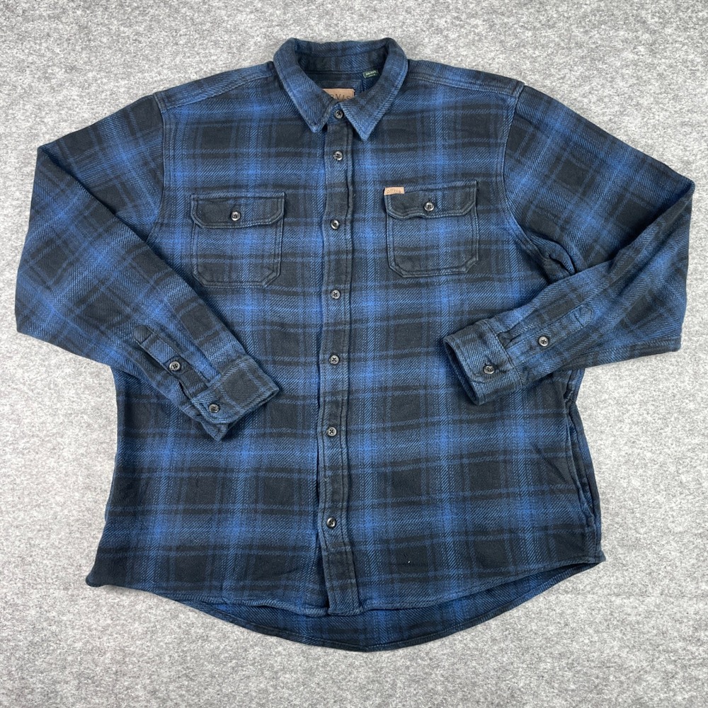 Orvis Flannel Shirt Mens XXL Blue Black Plaid Heavyweight Side Pockets Button
